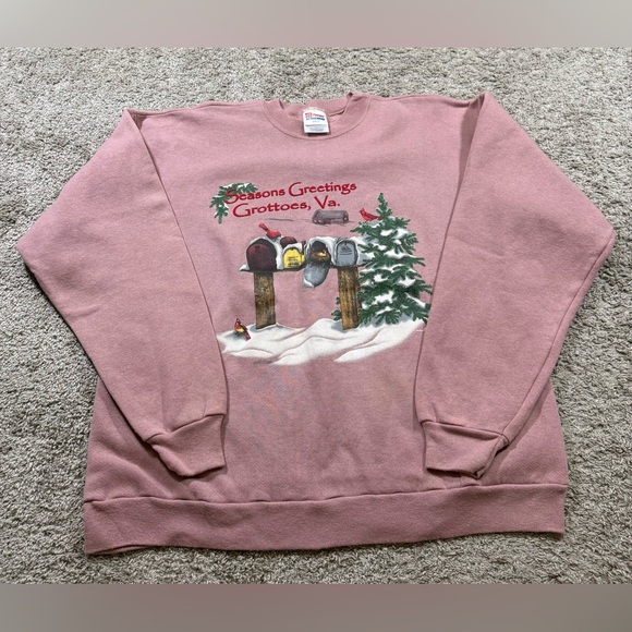 Vintage Season Greetings Virginia Grottoes Christmas Crewneck Small Town Cozy X - Picture 1 of 6